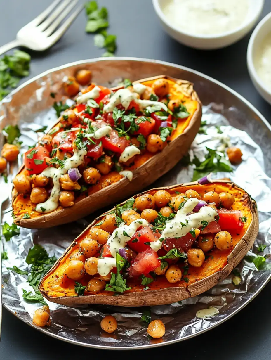 A serving of roasted sweet potato halves filled with seasoned chickpeas, diced tomatoes, cream sauce drizzle and fresh herb garnish.