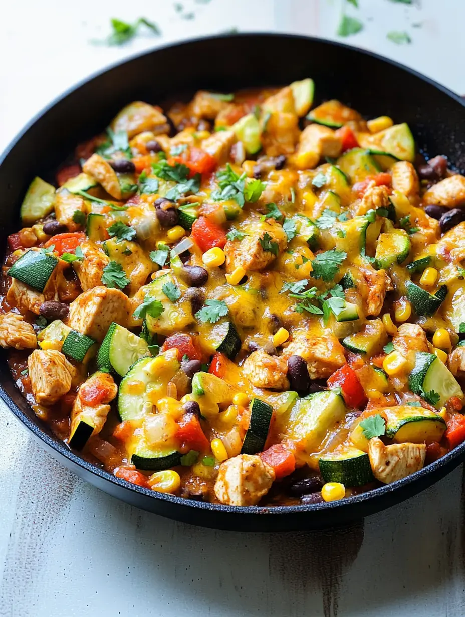 A vibrant pan dish with chunks of chicken, zucchini pieces, dark beans, yellow corn, red tomatoes, covered in melted cheese with green cilantro on top.