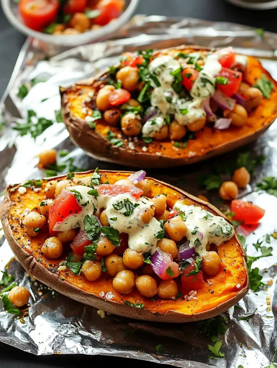 Sweet potato halves covered with chickpeas, chopped tomatoes, red onion pieces, and white sauce, finished with fresh herbs on foil.