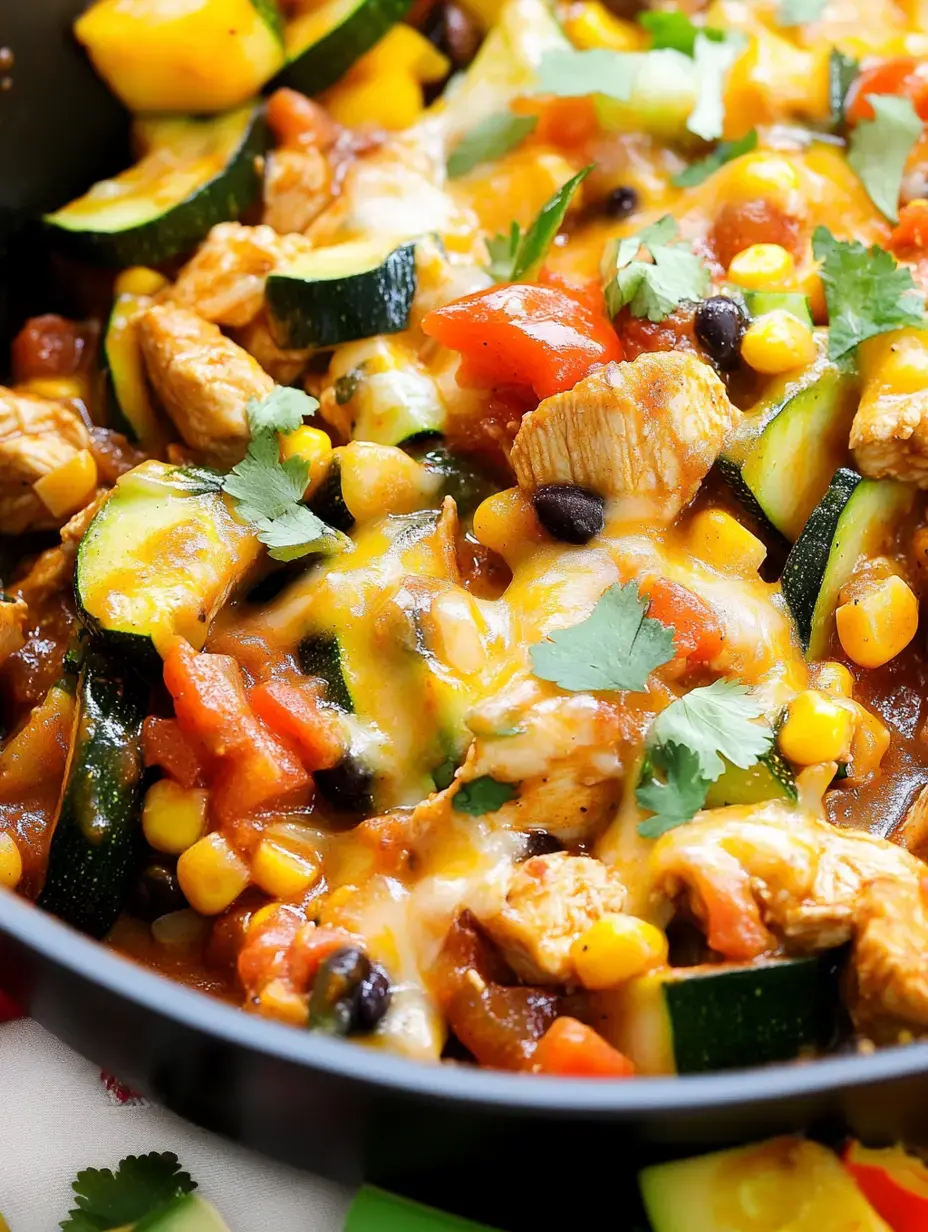 A detailed shot showing a mix of diced chicken chunks, green zucchini, yellow corn kernels, black beans, and gooey cheese, topped with green cilantro leaves.