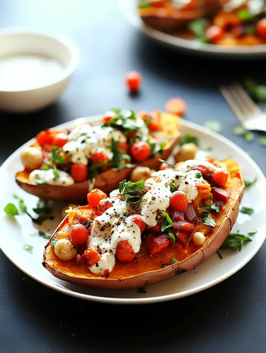 Two sweet potato halves loaded with colorful veggie mix, herbs, and sauce drizzle presented on a white dinner plate.