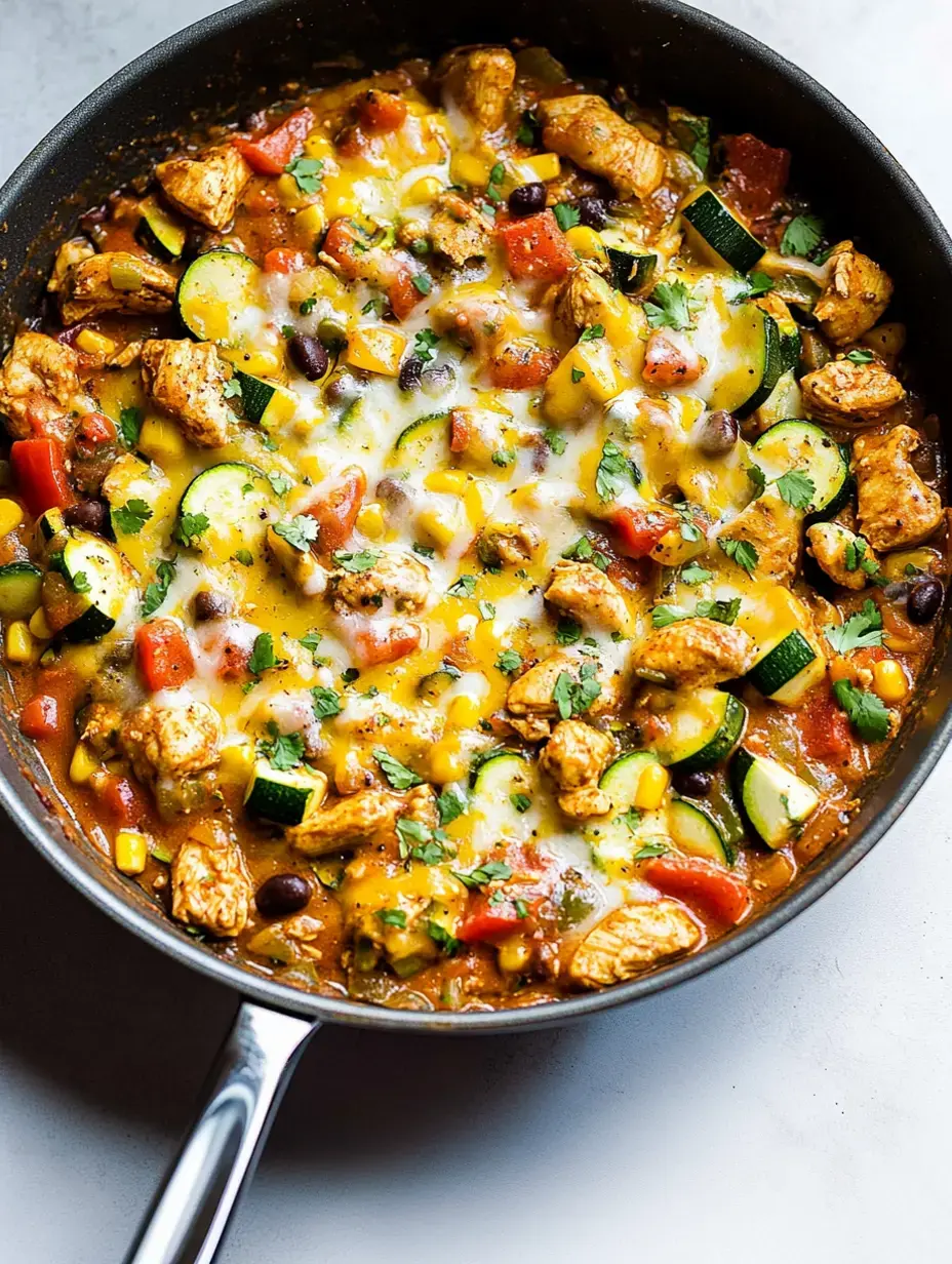 A pan filled with bright mix of chicken pieces, sliced zucchini, red and green peppers, corn kernels, black beans, covered with melted cheese and topped with green cilantro.