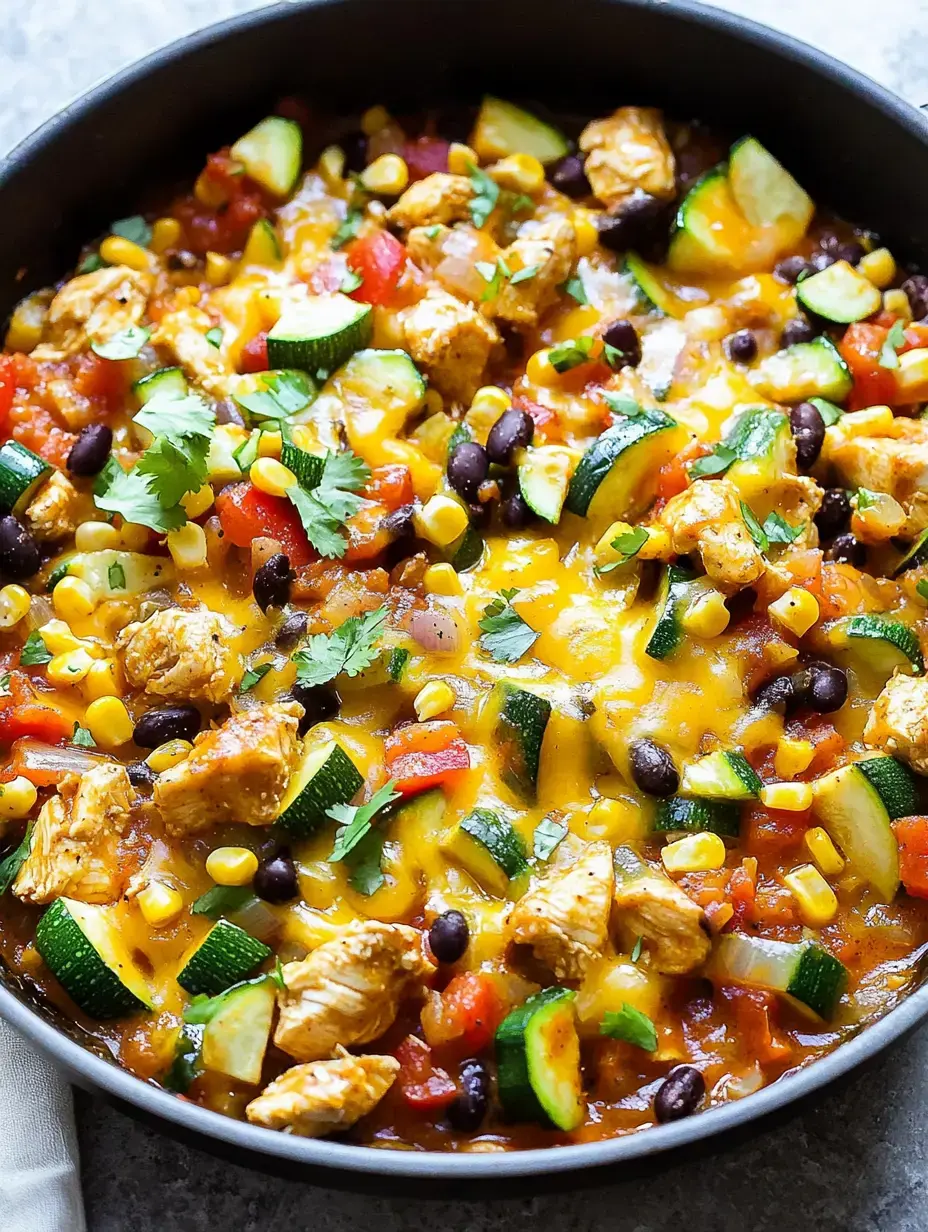 A tasty skillet meal showing chunks of chicken, dark beans, yellow corn kernels, green zucchini pieces and stringy melted cheese, with bright green cilantro scattered on top.