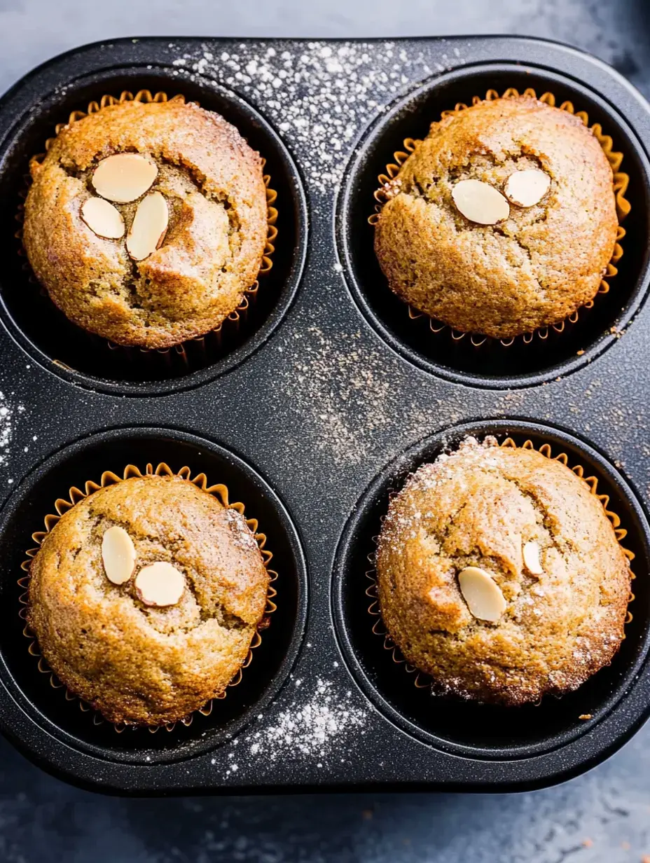 Looking down at four fresh muffins in a black tray, each topped with almond slices and a light dusting of powdered sugar.
