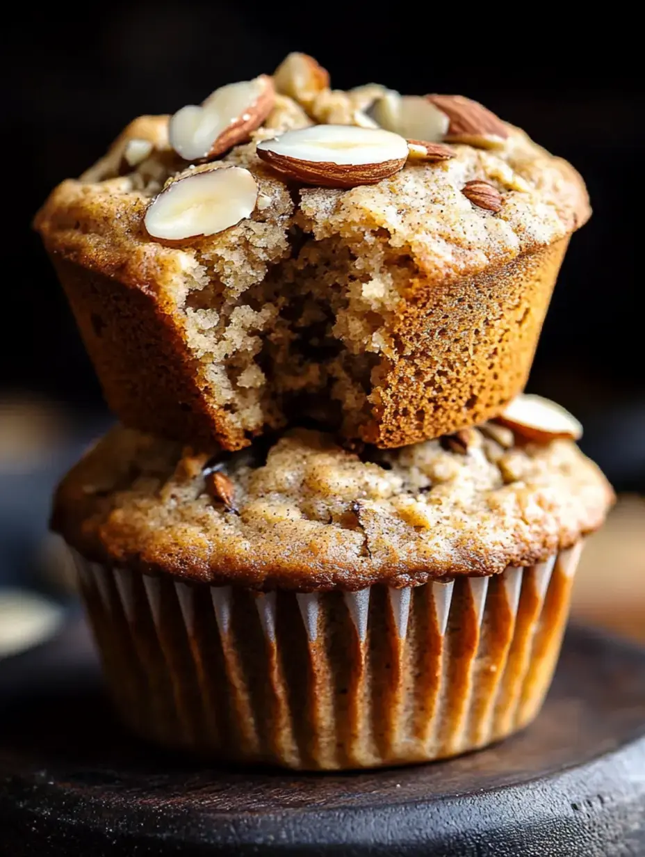 Two almond-covered muffins stacked on a wooden surface, with one partly eaten showing the inside texture.