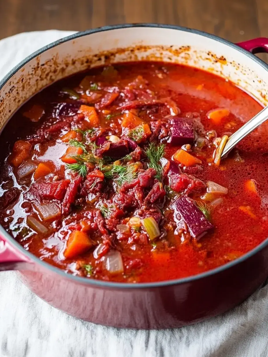 A steaming pot of crimson soup packed with veggies including beets and carrots, topped with fresh dill sprigs.