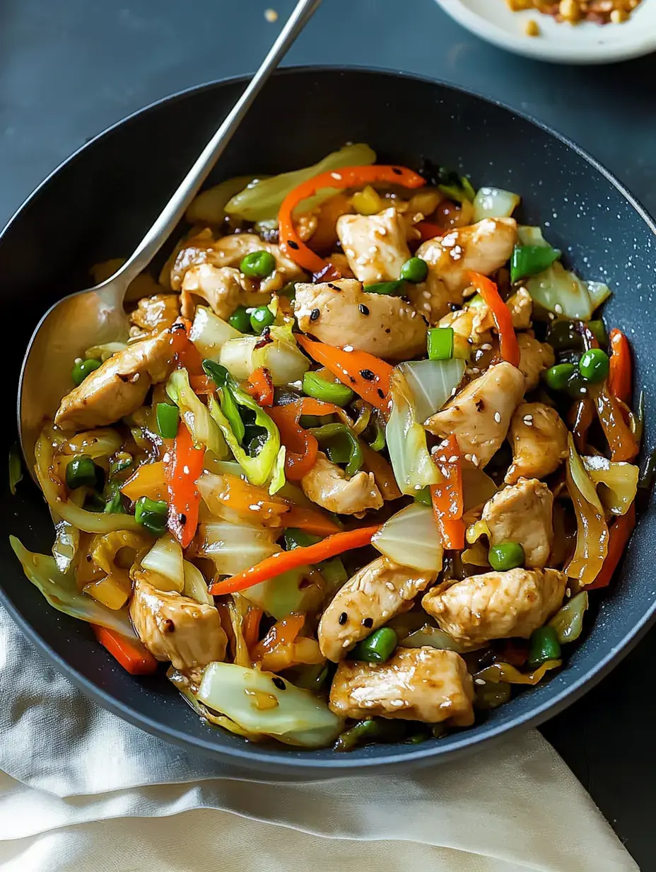 A colorful dish featuring stir-fried chicken with a mix of vibrant vegetables including bell peppers and green peas, topped with sesame seeds.