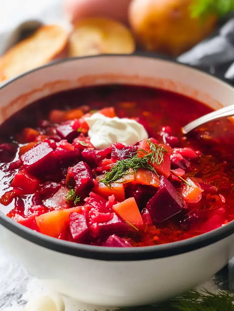 A close shot of a bowl filled with bright red borscht topped with white sour cream and green dill, with potatoes and crusty bread visible nearby.