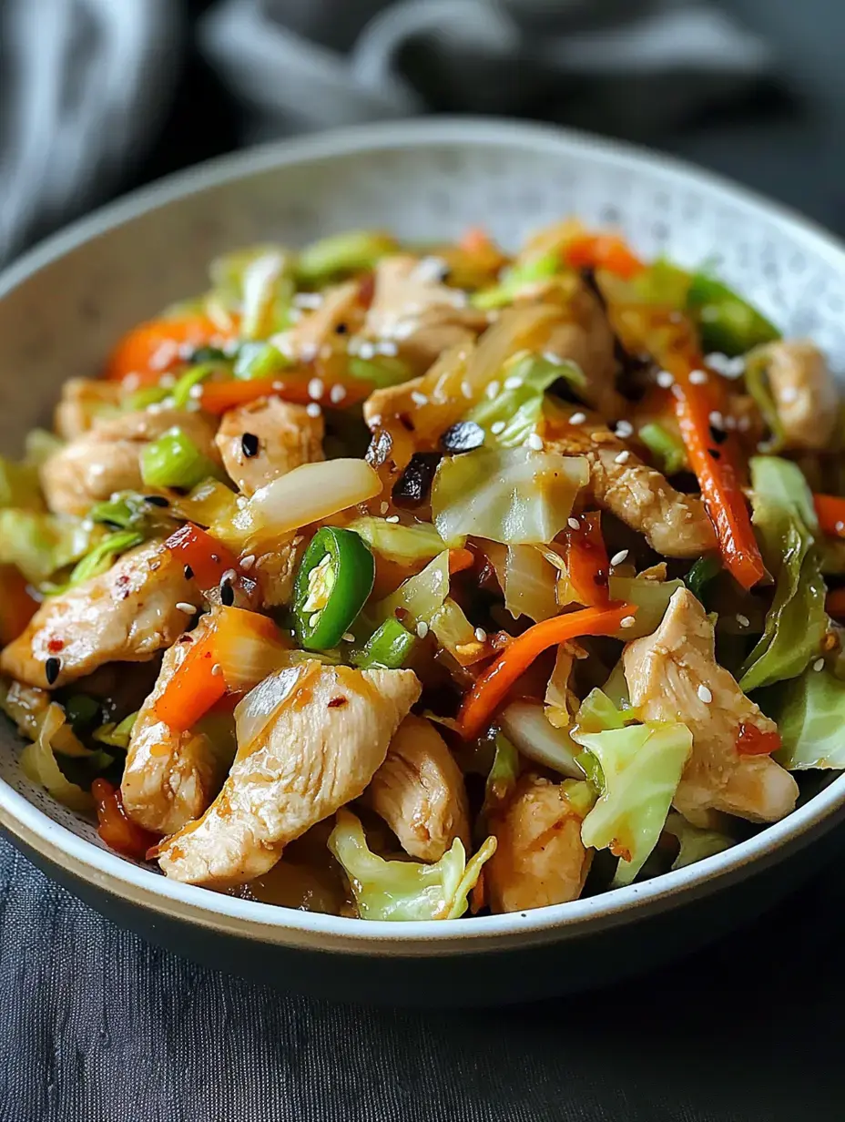 A detailed shot of a bowl containing stir-fried chicken with assorted colorful vegetables, finished with a sprinkle of sesame seeds.