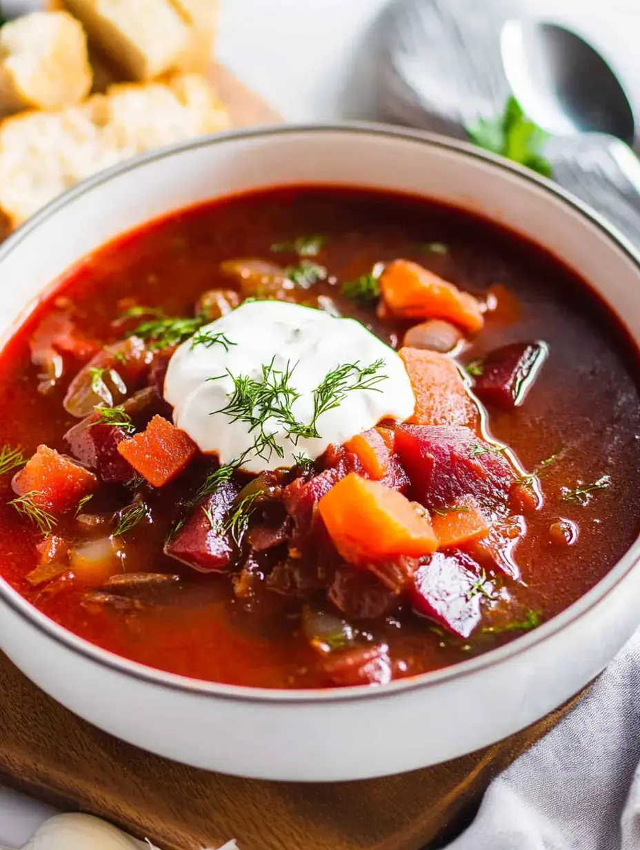 A colorful serving of borscht with sour cream and dill on top, served with chunks of homemade bread on the side.