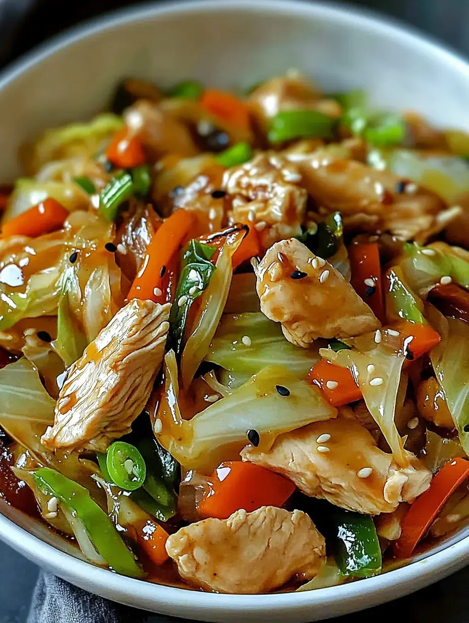 An up-close view of a bowl filled with stir-fried chicken mixed with cabbage, colorful bell peppers, and green onions, garnished with sesame seeds on top.