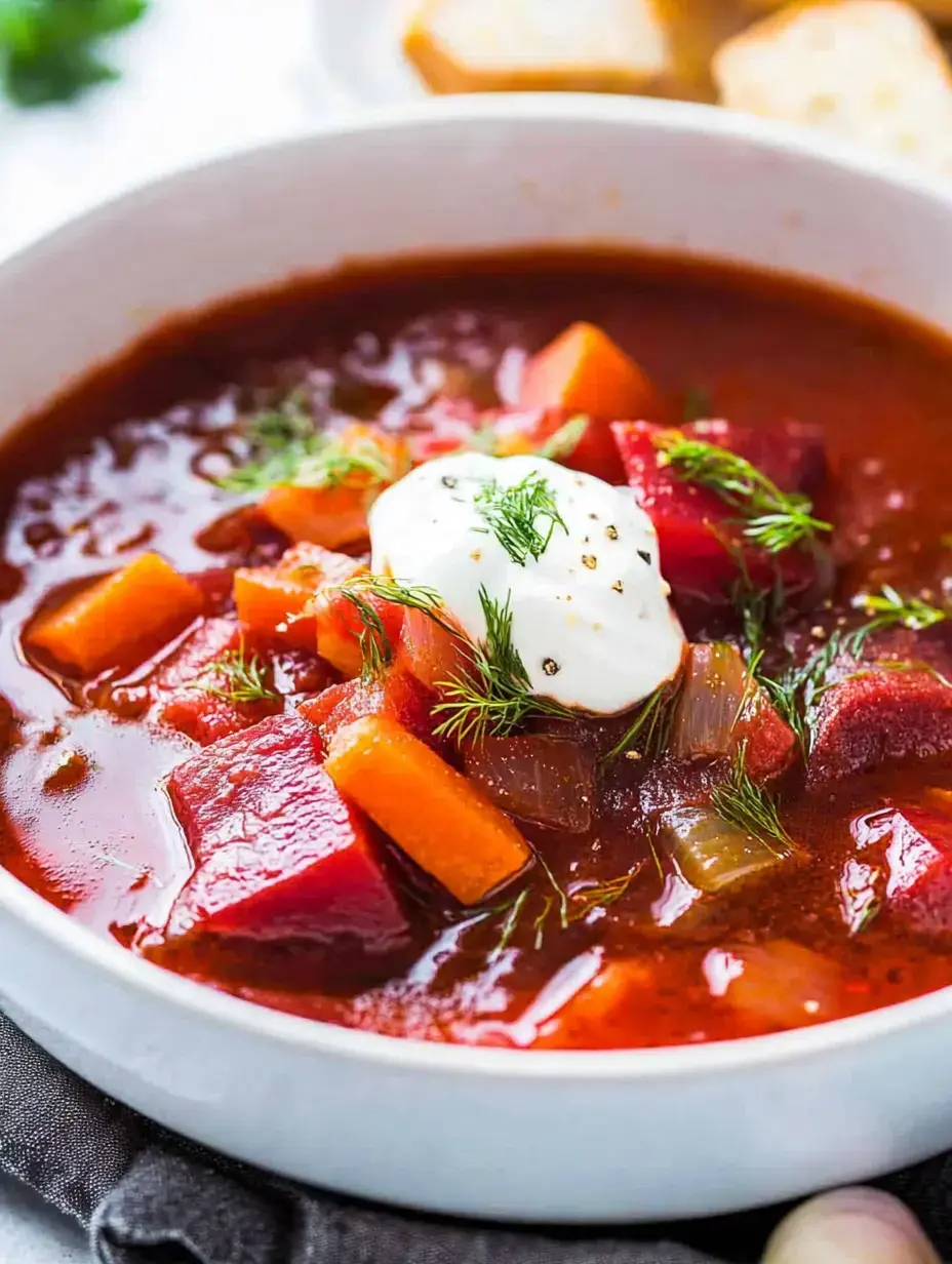 A steaming bowl of chunky soup featuring bright beets and carrots topped with creamy sour cream and sprinkled with green dill.