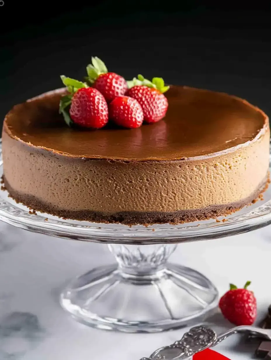 A delicious chocolate cheesecake garnished with fresh strawberries displayed on a clear glass pedestal.