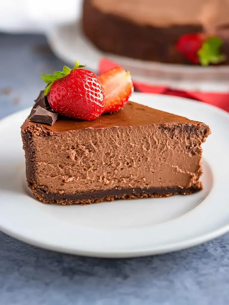 A wedge of rich chocolate cheesecake garnished with a strawberry and chocolate piece, served on a white dish.