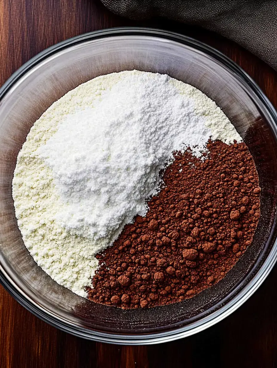 A glass bowl contains a mixture of white flour and cocoa powder, set against a wooden surface.