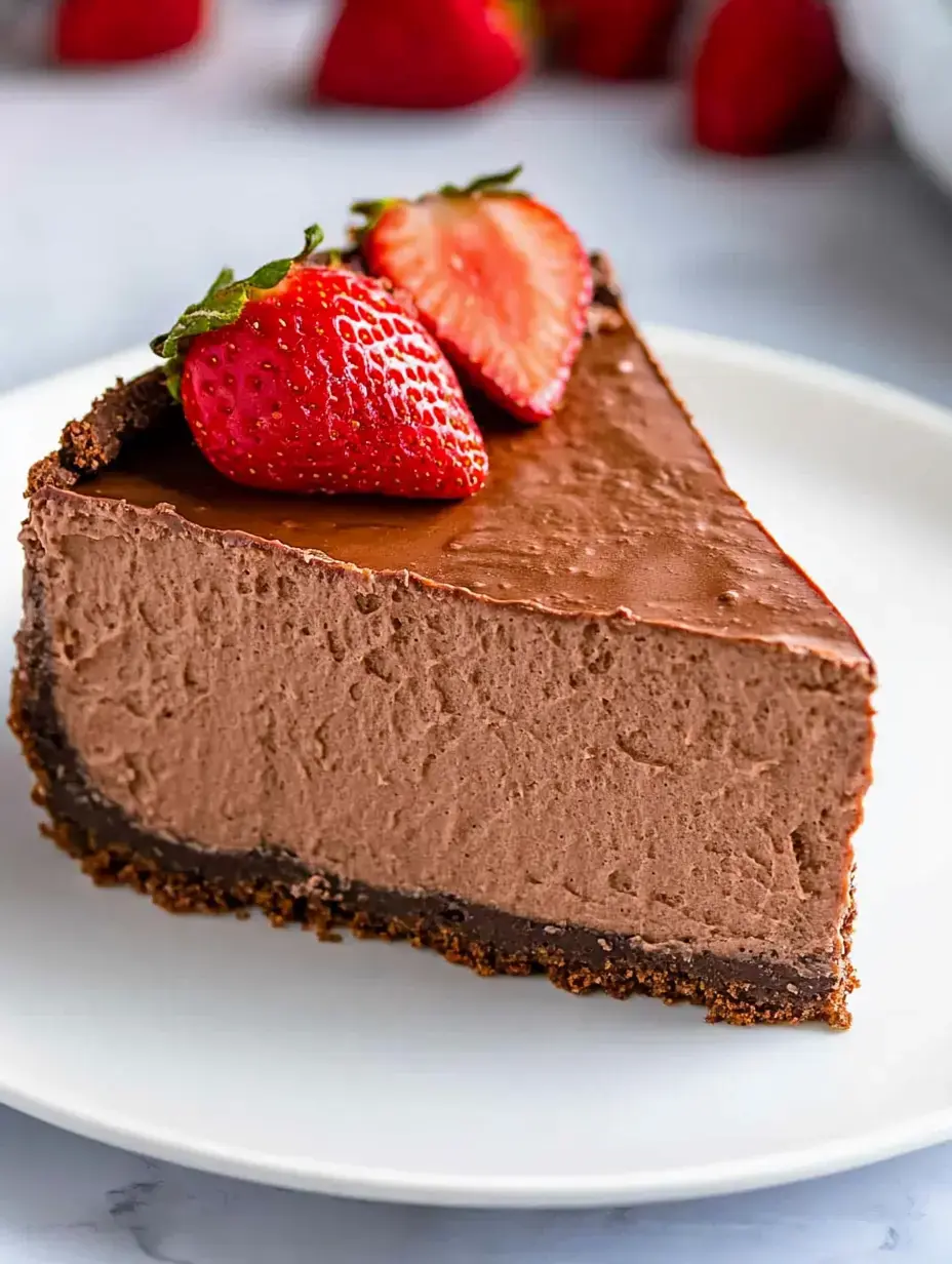 A portion of chocolate cheesecake topped with juicy strawberries presented on a white plate.