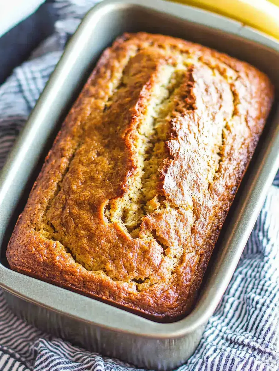 A hot banana loaf in a metal baking tin rests on a striped kitchen towel.
