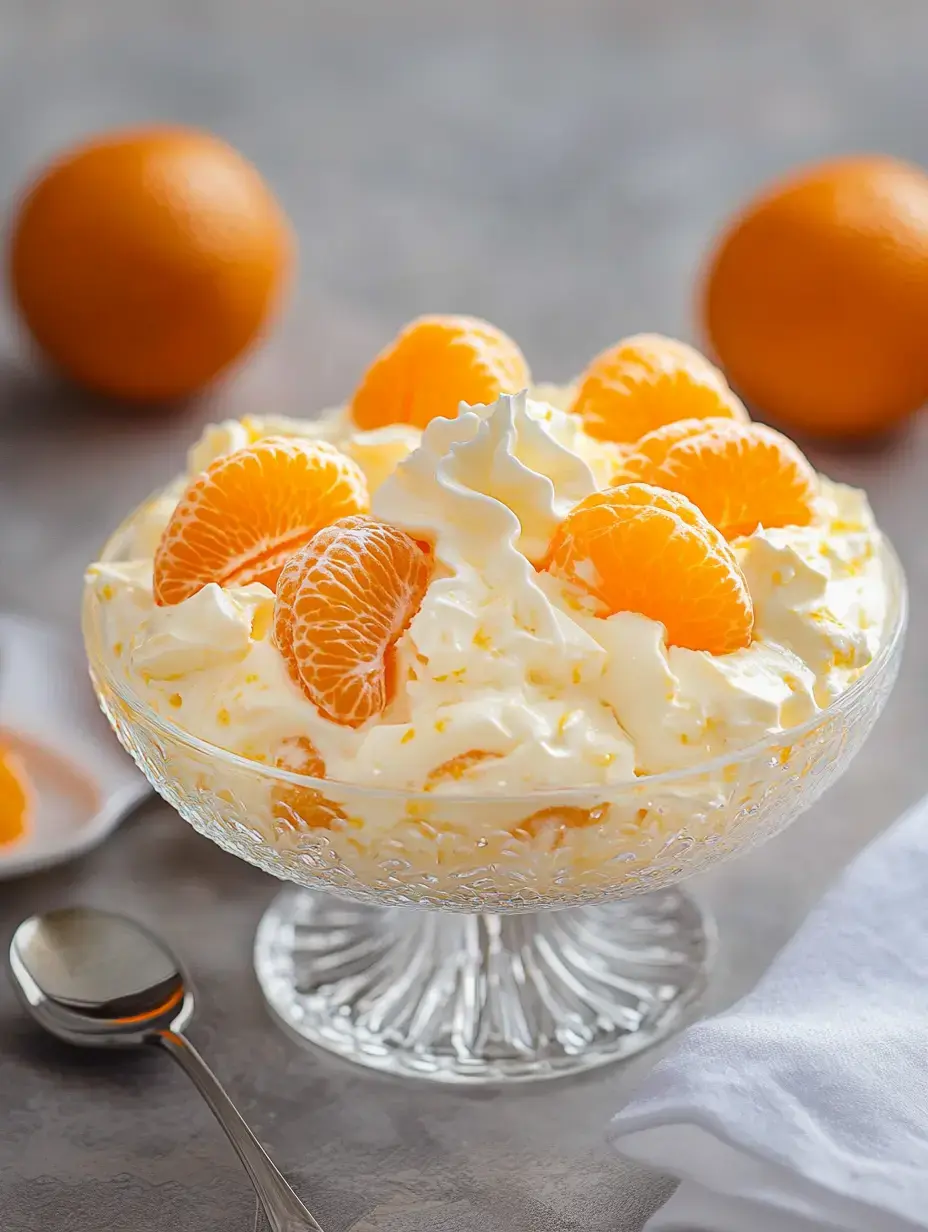A transparent bowl filled with fluffy cream mixed with bright orange fruit segments, with whole citrus fruits visible nearby.
