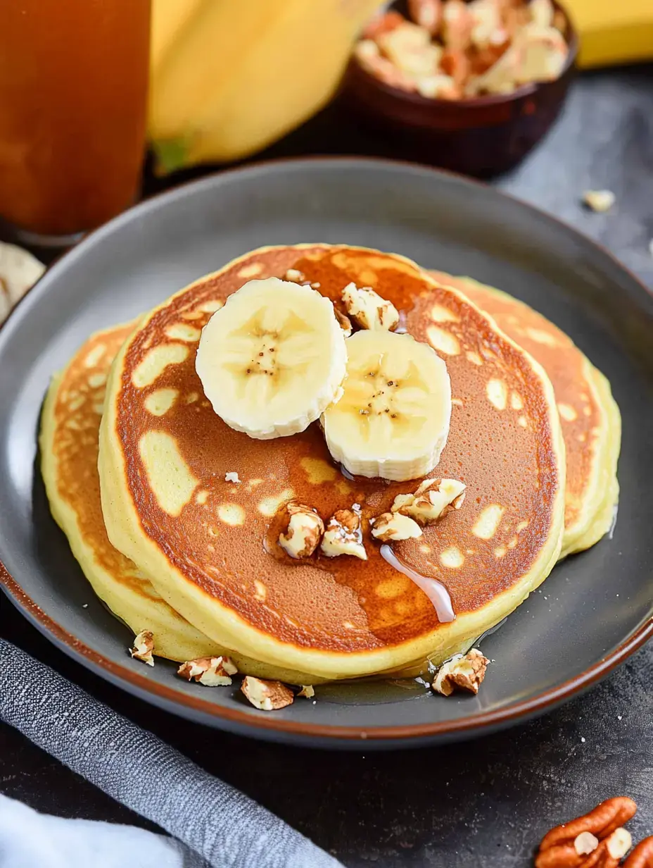 A zoomed-in view showing two fluffy hotcakes garnished with banana slices and crushed nuts, served with cold tea and a whole banana nearby.