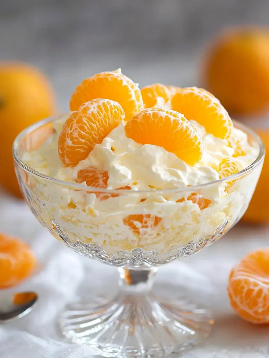 A dessert bowl showing layers of creamy white topping with bright orange fruit pieces, surrounded by fresh whole oranges.