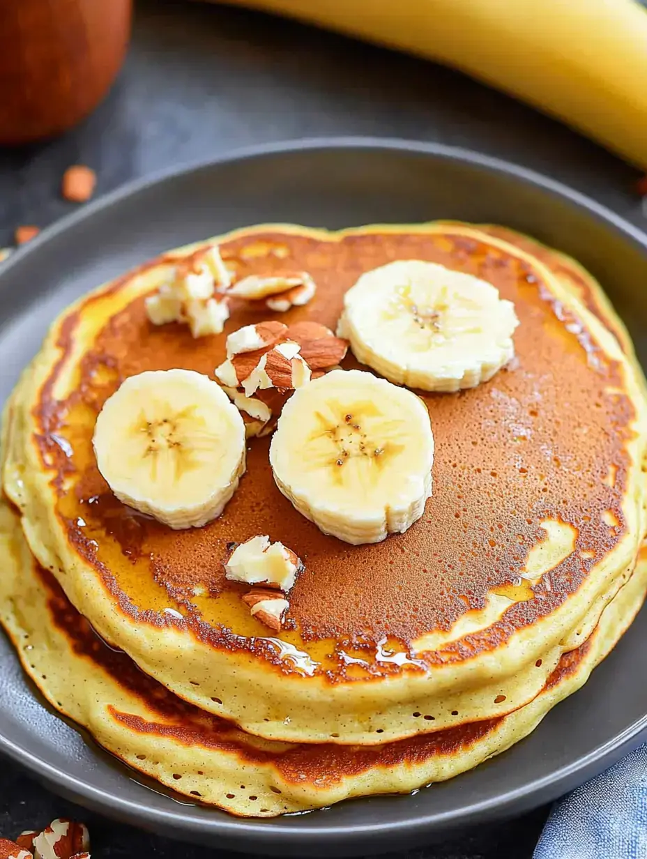 Pancakes stacked high with banana slices and almond pieces on top, syrup running down the sides, served on a dark dish with a banana visible behind.