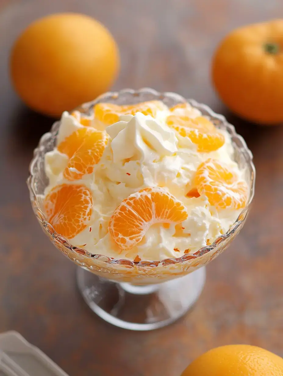 A dessert served in glass featuring white cream mixed with bright orange fruit pieces, displayed with fresh oranges on wooden table.
