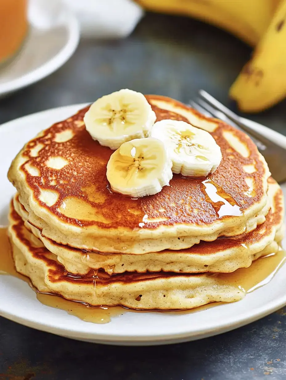 Three golden-brown pancakes piled up with banana slices on top and syrup poured over them, served on a white plate.