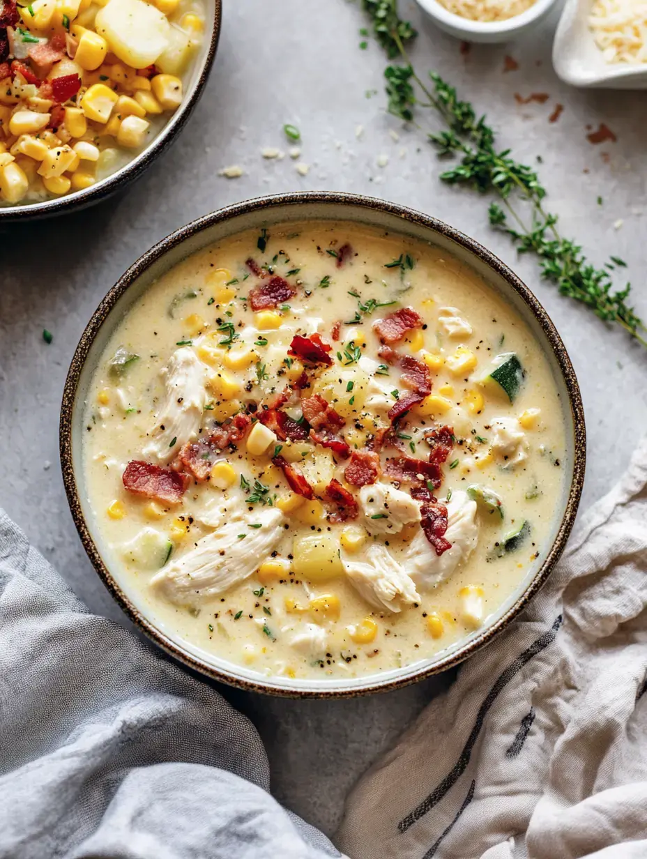 A steaming bowl of thick chicken corn soup topped with crispy bacon bits and herbs next to another bowl showing chunks of corn and potatoes.