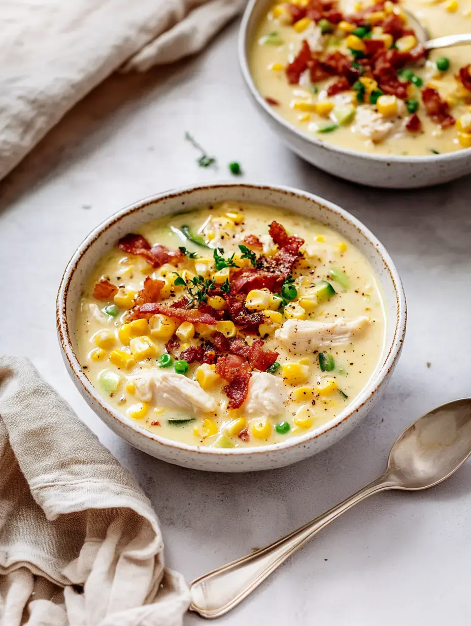 Two hearty bowls of thick corn soup garnished with crunchy bacon bits, green onion slices and shredded chicken pieces beside a cloth napkin and spoon.