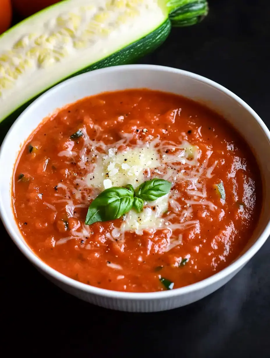 A hearty tomato soup in a bowl with melty cheese and a fresh basil garnish, surrounded by vegetables.