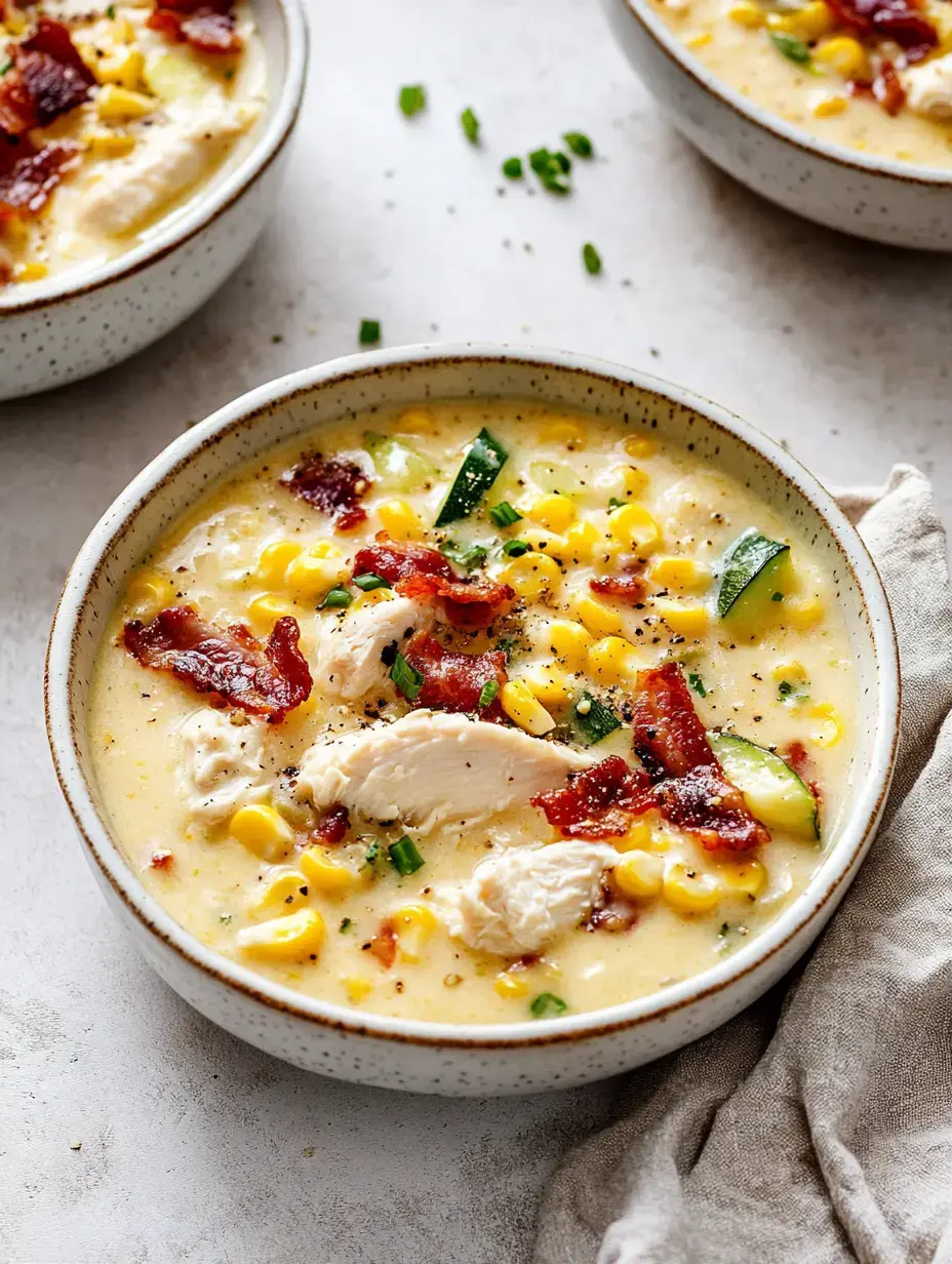 A hearty serving of corn soup filled with chicken chunks, topped with fresh bacon pieces and sliced green onions.