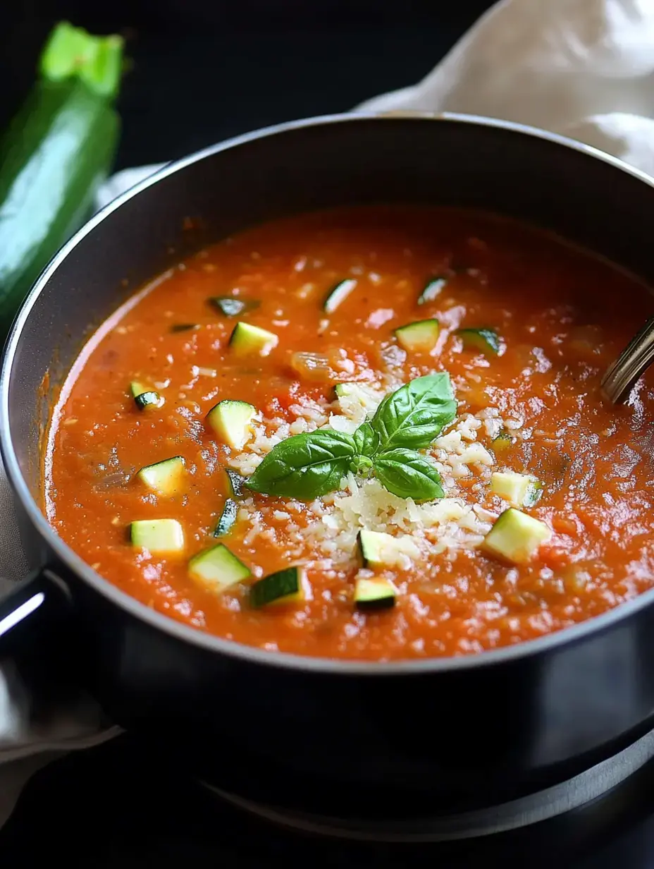 A steaming black pot of rich tomato soup with chunks of zucchini, cheese topping, and basil garnish, with a whole zucchini nearby.
