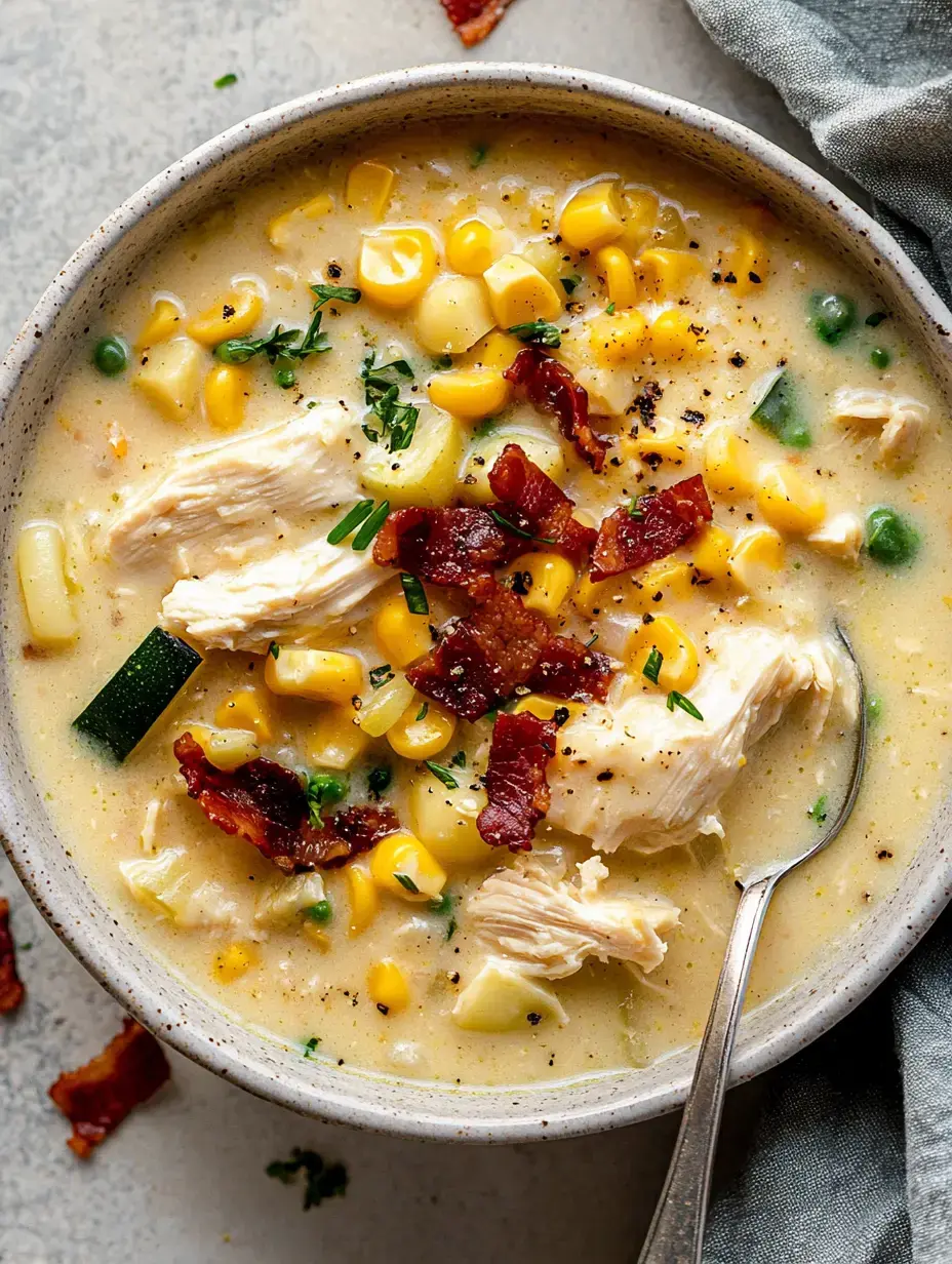 A creamy bowl of chicken soup with corn kernels, topped with crumbled bacon and green herbs on display.