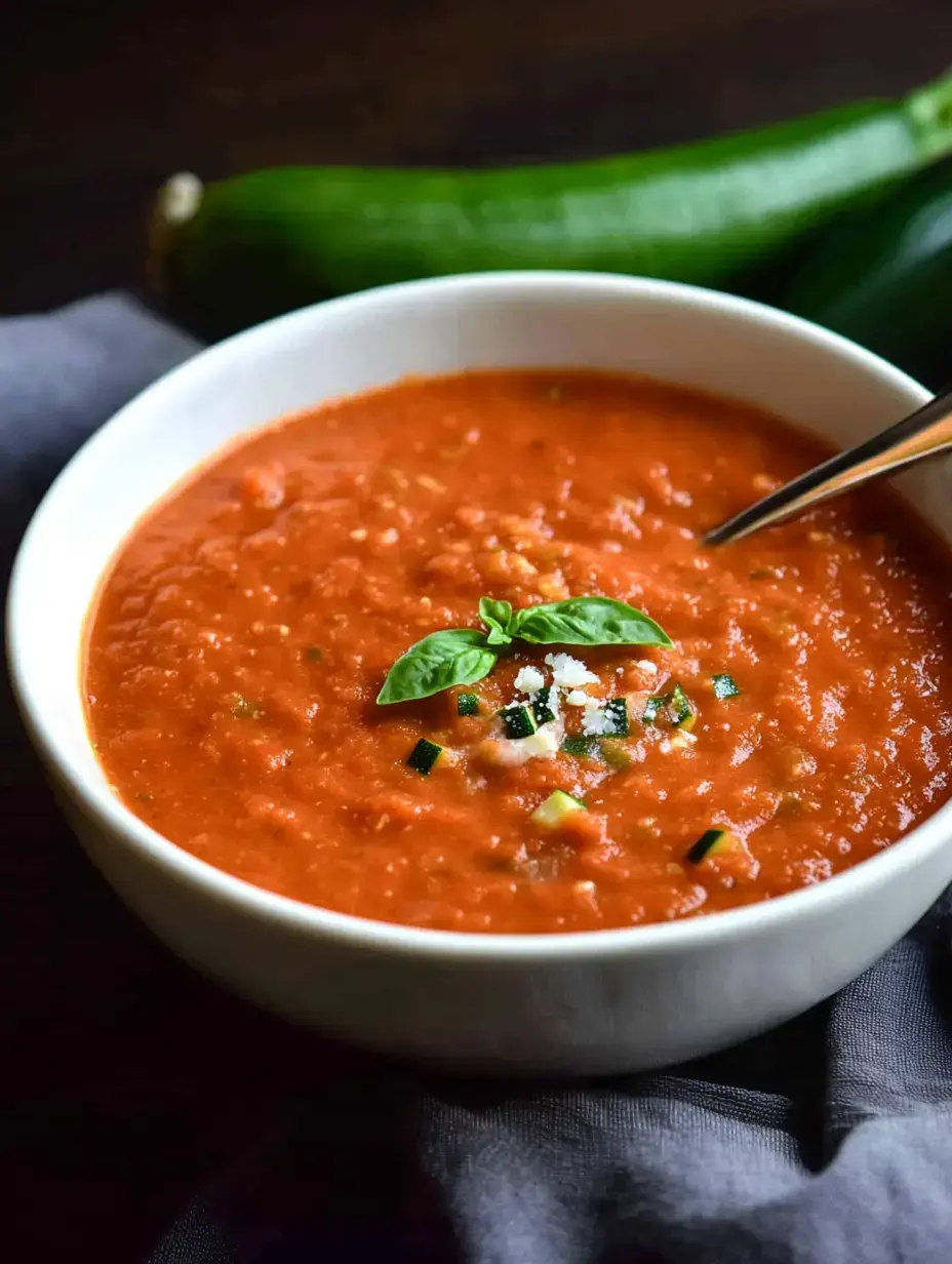 A creamy white bowl filled with tomato soup garnished with herbs and diced veggies, sitting beside fresh green zucchinis on a dark background.