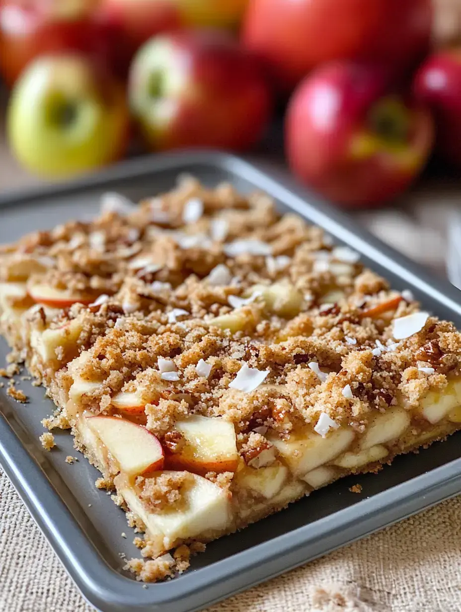 A tray of apple dessert topped with crumbled topping and surrounded by fresh apples in the background.