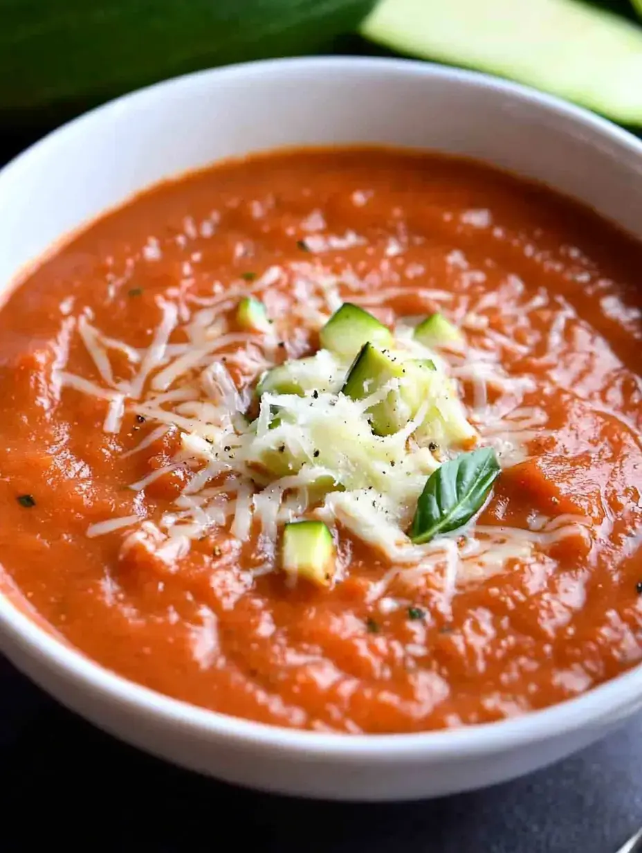 A steamy bowl of velvety tomato soup topped with melted cheese and zucchini bits, with a fresh basil leaf on top.
