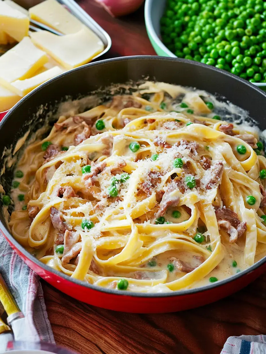 A creamy pasta dish with fettuccine, peas, and shredded meat, garnished with grated cheese, served in a red skillet.