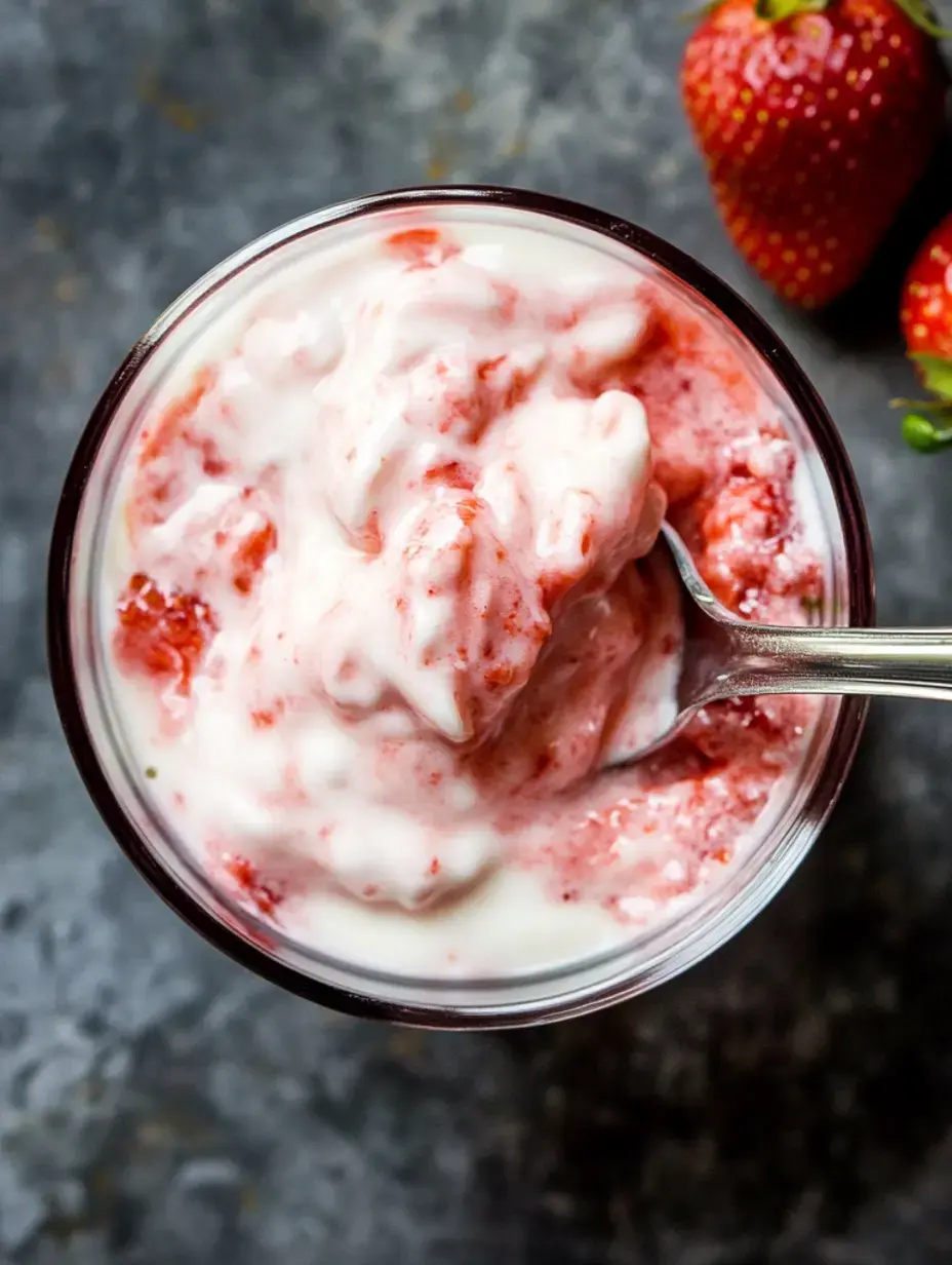 A serving bowl contains pink strawberry yogurt with a spoon resting inside, surrounded by fresh red strawberries.
