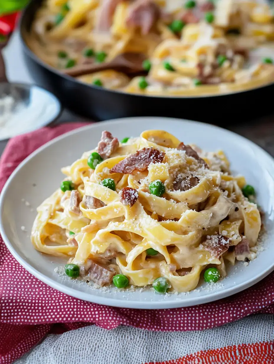 A plate of creamy fettuccine pasta mixed with peas and pieces of ham, garnished with grated Parmesan cheese, sits on a patterned tablecloth.
