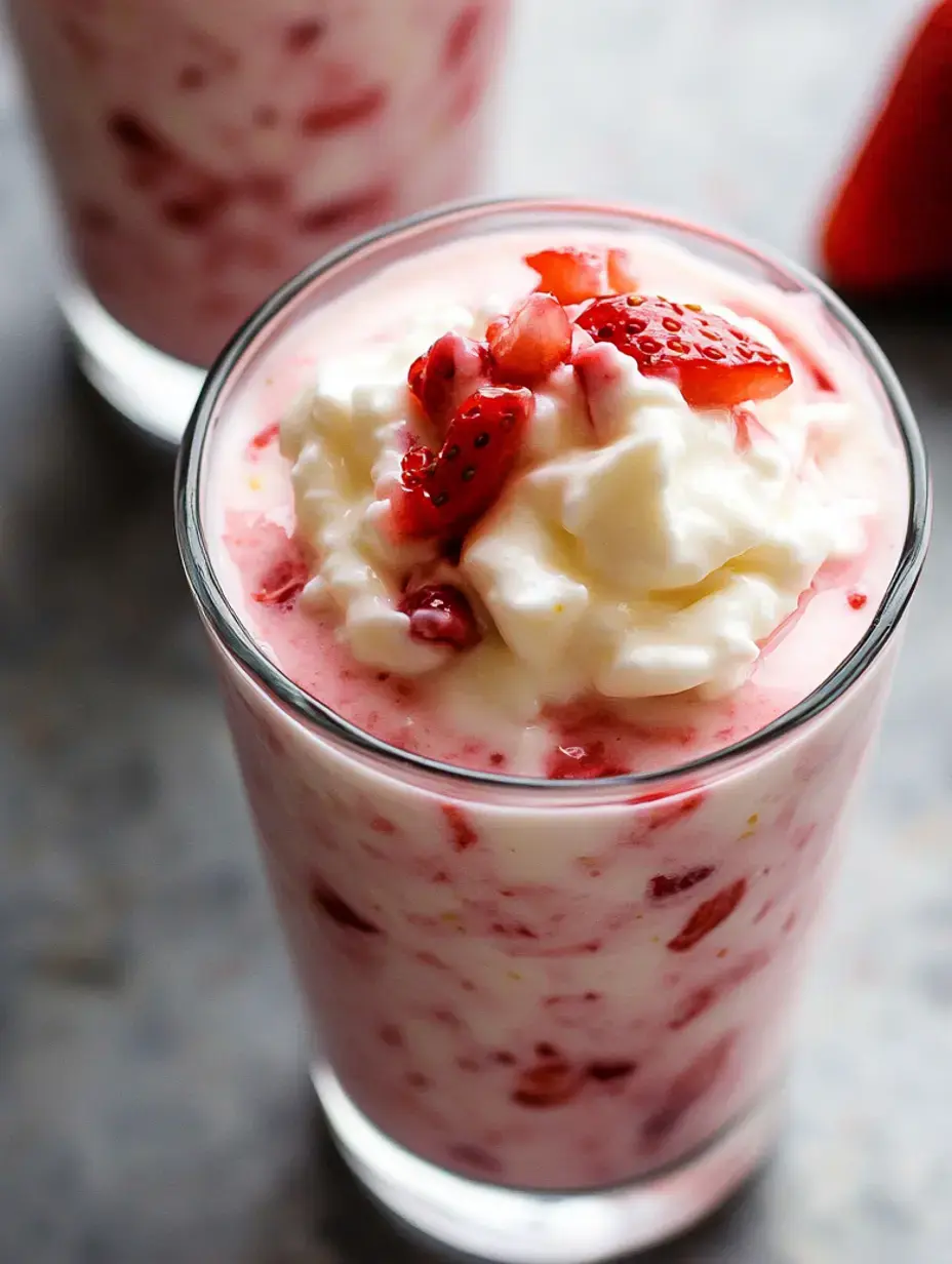 A layered strawberry parfait in a clear glass showing white cream mixed with chopped red strawberries against a textured surface.