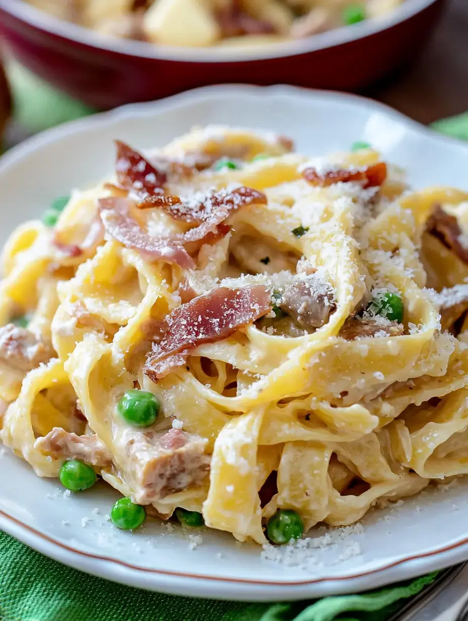 A close-up of a plate of creamy pasta topped with peas, crispy bacon, and grated cheese.