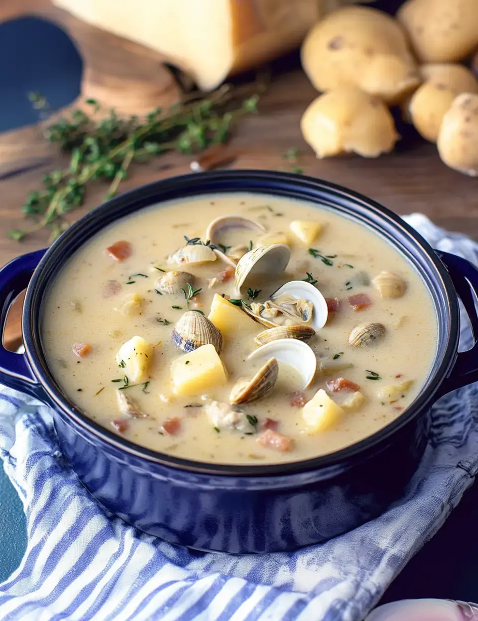 A vibrant bowl of creamy clam chowder with potatoes and herbs sits on a textured blue cloth, surrounded by fresh thyme and potatoes in the background.