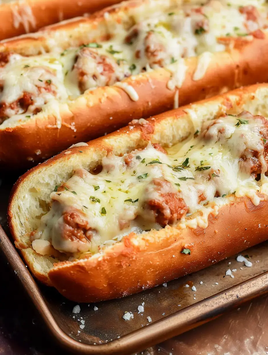 A zoomed-in view of gooey meatball subs garnished with herbs, presented on a metal serving tray.