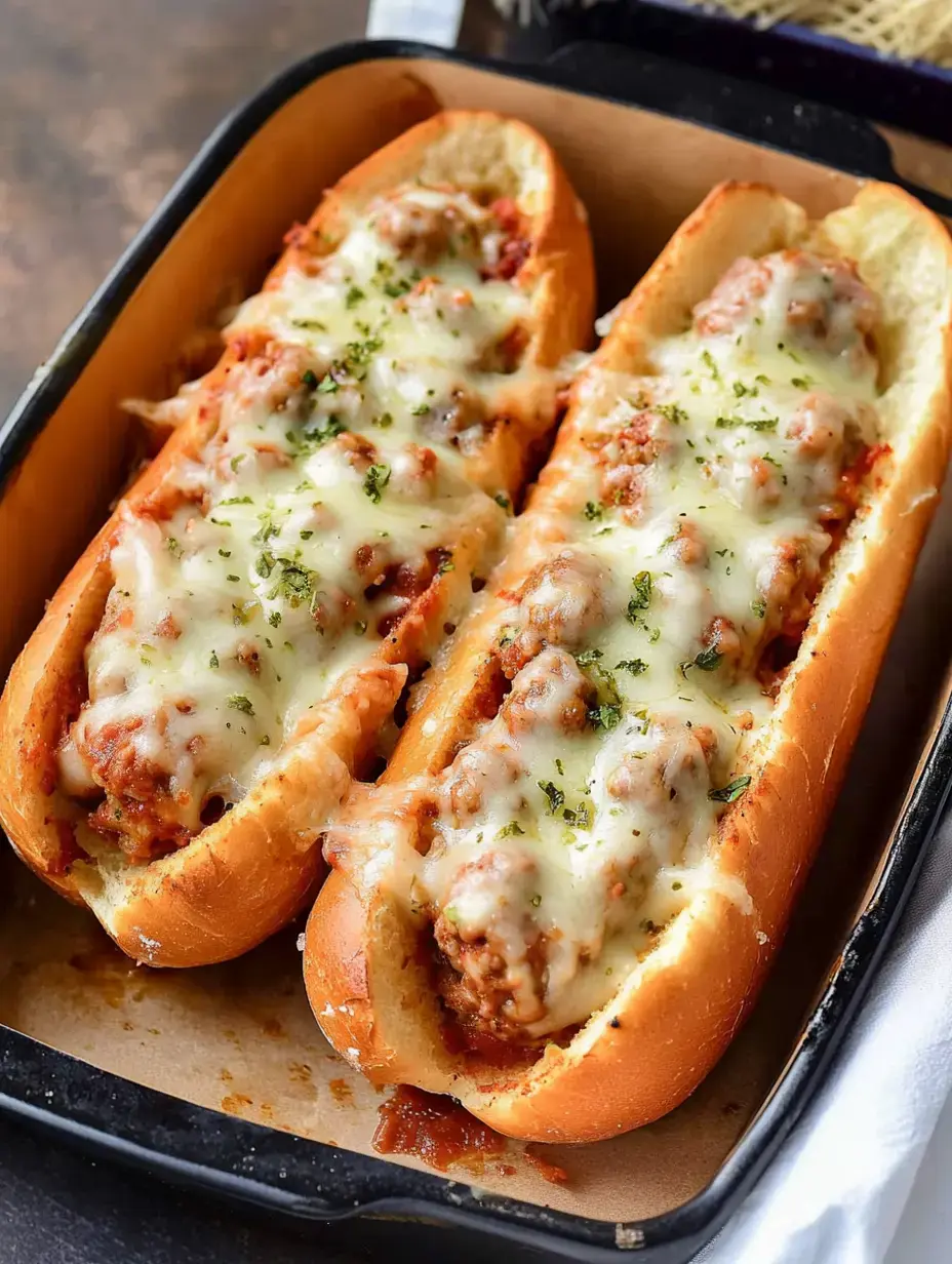A pair of toasted rolls stuffed with meatballs and covered in melty cheese and herbs, resting in a dark baking dish.