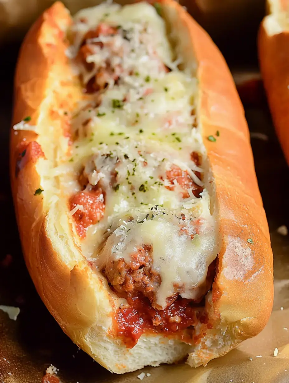 A detailed shot of a meatball sandwich topped with gooey cheese, red sauce, and fresh herbs, nestled in a crispy roll.