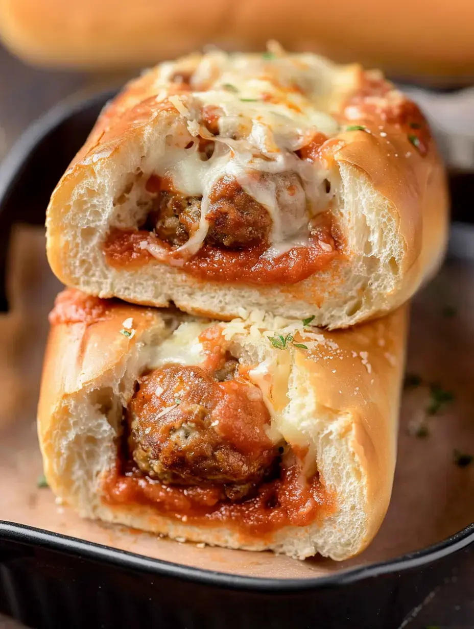 A close view of two juicy meatball subs with red sauce and stretchy melted cheese, served in a dark dish.