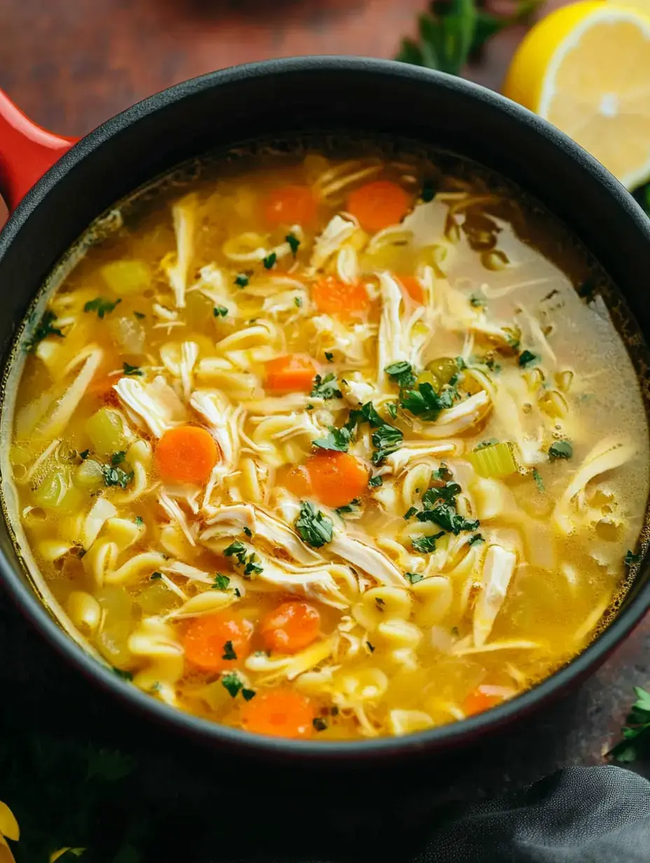 A zoomed-in shot of chicken noodle soup showing chicken pieces, bright carrots and green parsley swimming in clear tasty broth.