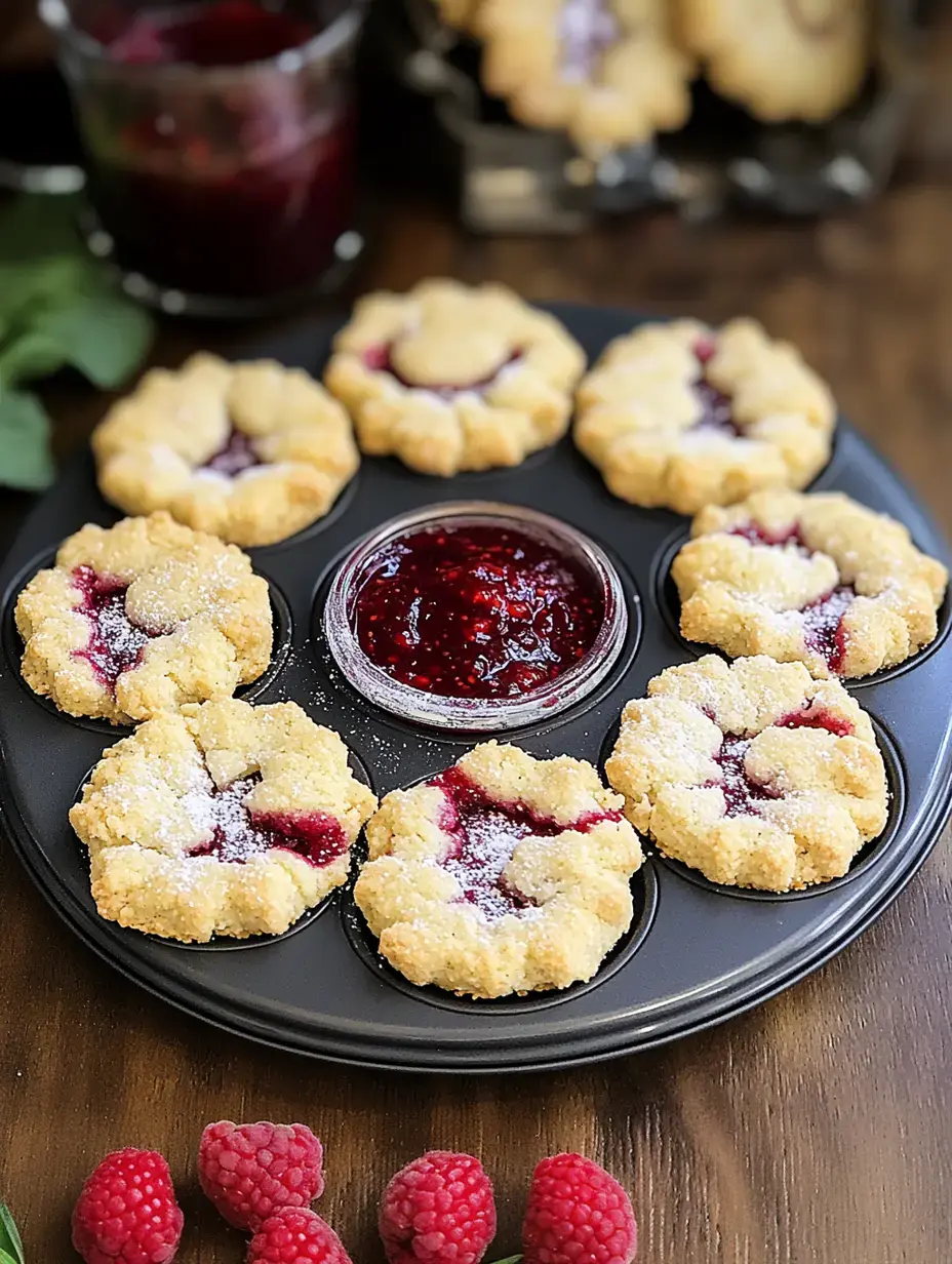 A plate of freshly made cookies with jam centers, next to a small dish of raspberry preserves and some fresh berries scattered around.