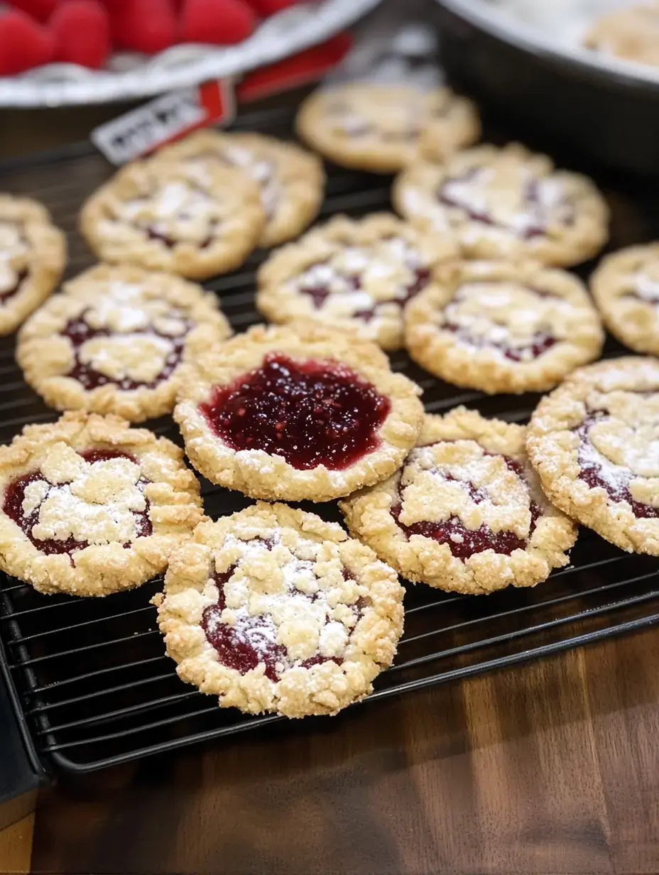 Several thumbprint cookies covered with powdered sugar resting on a wire cooling grid after baking.