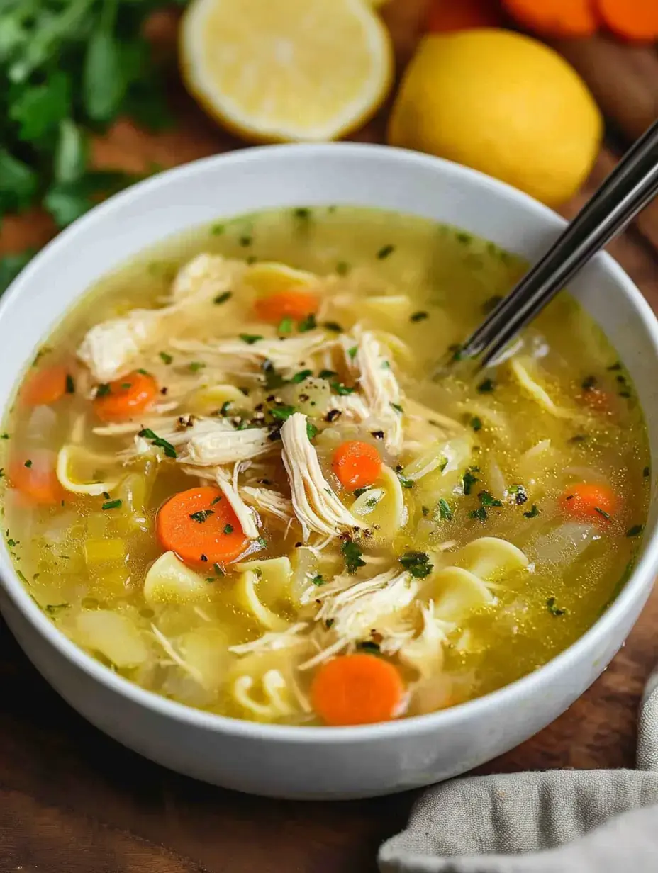 A steaming bowl filled with chicken soup featuring torn chicken, orange carrots and pasta topped with green herbs, with yellow lemons sitting nearby.